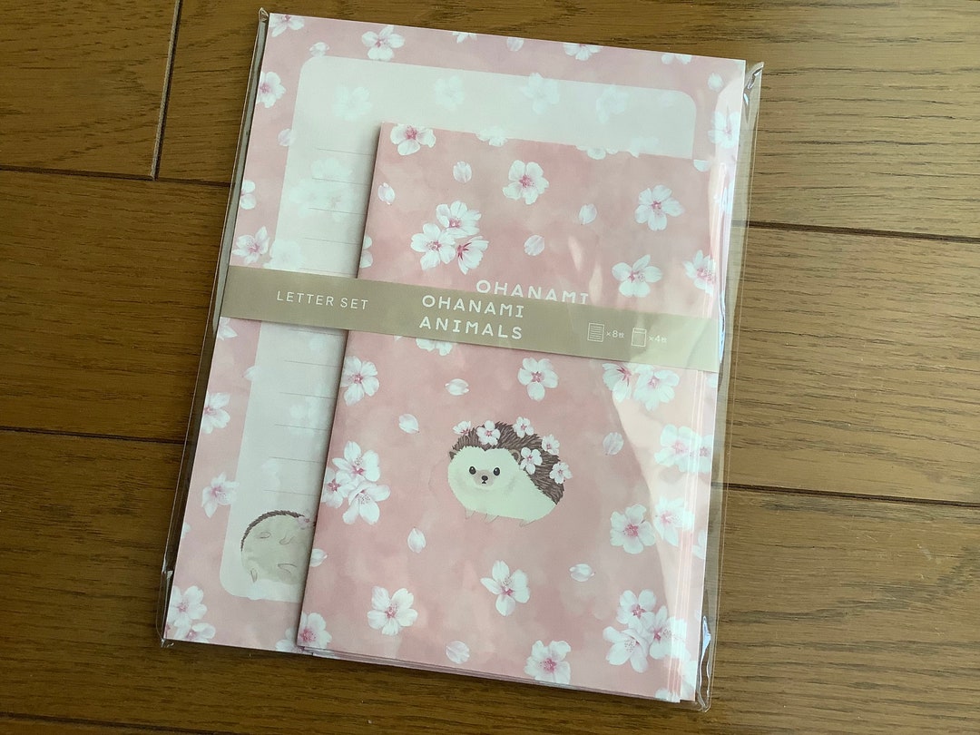 Letter Set, Kawaii Ohanami Hedgehog in Cherry Blossom Pattern, 8 Sheets ...