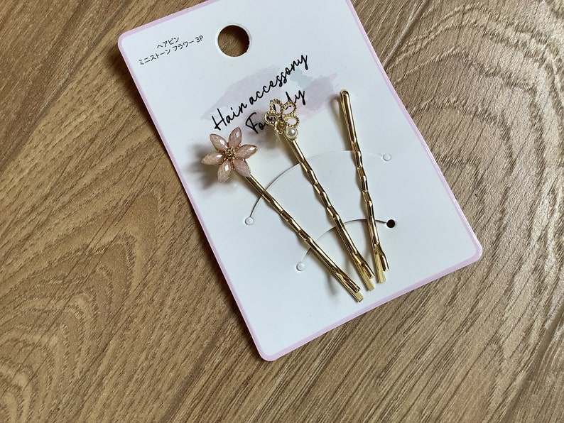 Soft pink flower hair bobby pins, set of 3 image 2