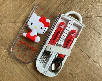 Palillos, cuchara y tenedor portátiles de Hello Kitty en caja, cubiertos para lonchera, Sanrio