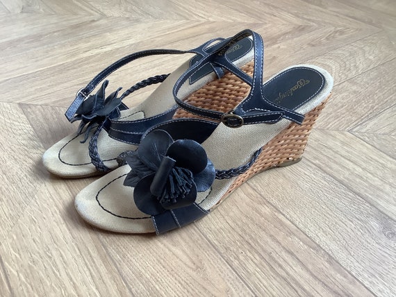 Vintage Espadrille Sandals, Black Leather and Str… - image 1