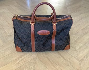 Vintage Jacquard Canvas und Wochenendtasche aus echtem Rindsleder, Made in Italy