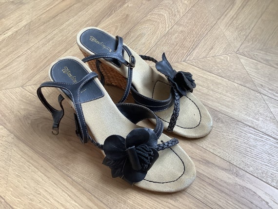 Vintage Espadrille Sandals, Black Leather and Str… - image 2