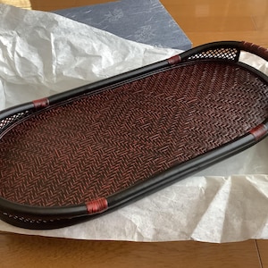 Japanese Urushi Lacquered Bamboo Woven Serving Tray, Kurume Rantai Lacquerware Tray