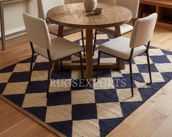 Handloomed Jute Rug, Dark Blue Diamond, 9x12 ft, Natural White