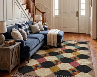 Handwoven Wool Jute Kilim Rug, Traditional Indian Dhurrie