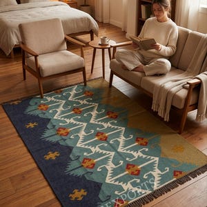 Handmade Wool Jute Kilim Rug, Aztec Navajo Design, 4x6 Ft image 7
