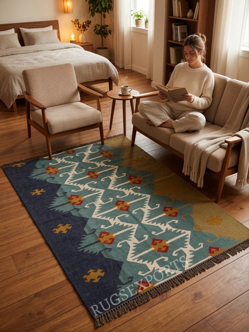 Handmade Wool Jute Kilim Rug, Aztec Navajo Design, 4x6 Ft image 7