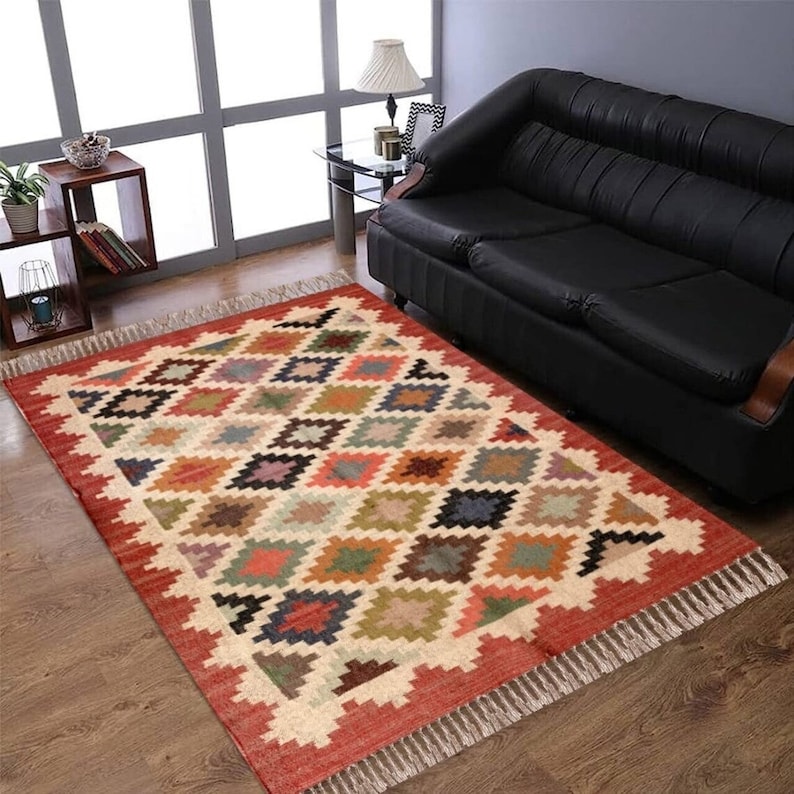 Alfombra Kilim de yute de lana tejida a mano, alfombra de yute de lana, alfombra de yute Kilim, alfombra Dhurrie india, alfombra Navajo Kilim, alfombra personalizada, alfombra de tejido plano, alfombra Boho imagen 5