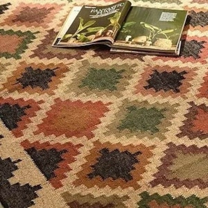 Alfombra Kilim de yute de lana tejida a mano, alfombra de yute de lana, alfombra de yute Kilim, alfombra de tejido plano, alfombra Boho, alfombra Dhurrie india, alfombra Navajo Kilim, alfombra personalizada imagen 6