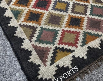 Tappeto Kilim in lana e iuta tessuto a mano, Dhurrie Boho a trama piatta, dimensioni personalizzate