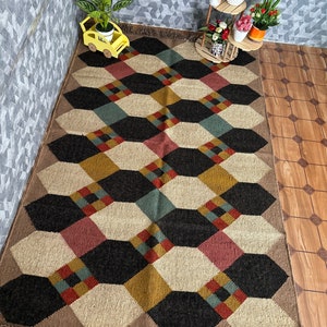 Vloerkleed van wol en jute handgemaakt, kelim dhurrie-tapijt, traditioneel Indiaas/WOLLEN JUTE-TAPIJTEN