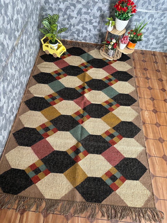 Handwoven Wool Jute Kilim Rug, Traditional Indian Dhurrie