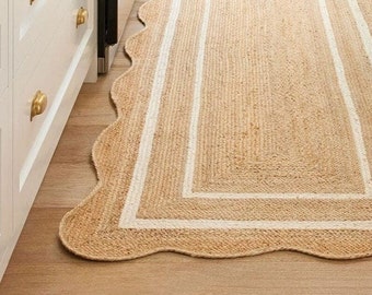 Alfombra de yute Runner - Alfombra de corredor festoneada, Alfombra de vieira Boho, Alfombra de yute natural, Alfombra de yute festoneada, Alfombra de vieira de yute Sisal Runner Alfombra personalizada