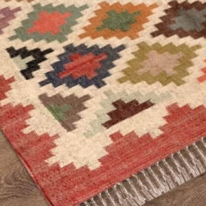 Alfombra Kilim de yute de lana tejida a mano, alfombra de yute de lana, alfombra de yute Kilim, alfombra Dhurrie india, alfombra Navajo Kilim, alfombra personalizada, alfombra de tejido plano, alfombra Boho imagen 1