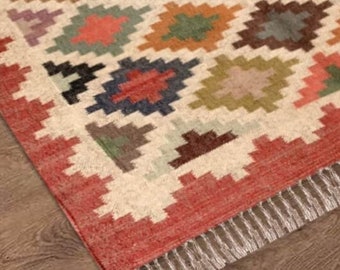 Tappeto Kilim di iuta di lana intrecciato a mano, Tappeto di iuta di lana, Tappeto di iuta Kilim, Tappeto indiano Dhurrie, Tappeto Navajo Kilim, Tappeto personalizzato, Tappeto a tessitura piatta, Tappeto Boho