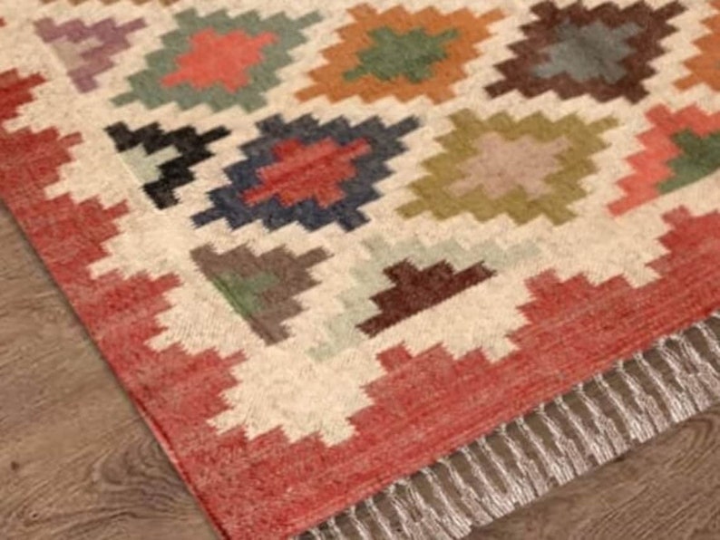 Alfombra Kilim de yute de lana tejida a mano, alfombra de yute de lana, alfombra de yute Kilim, alfombra Dhurrie india, alfombra Navajo Kilim, alfombra personalizada, alfombra de tejido plano, alfombra Boho imagen 1