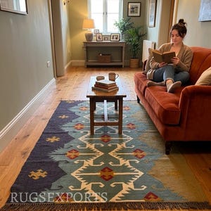 Handmade Wool Jute Kilim Rug, Aztec Navajo Design, 4x6 Ft image 5