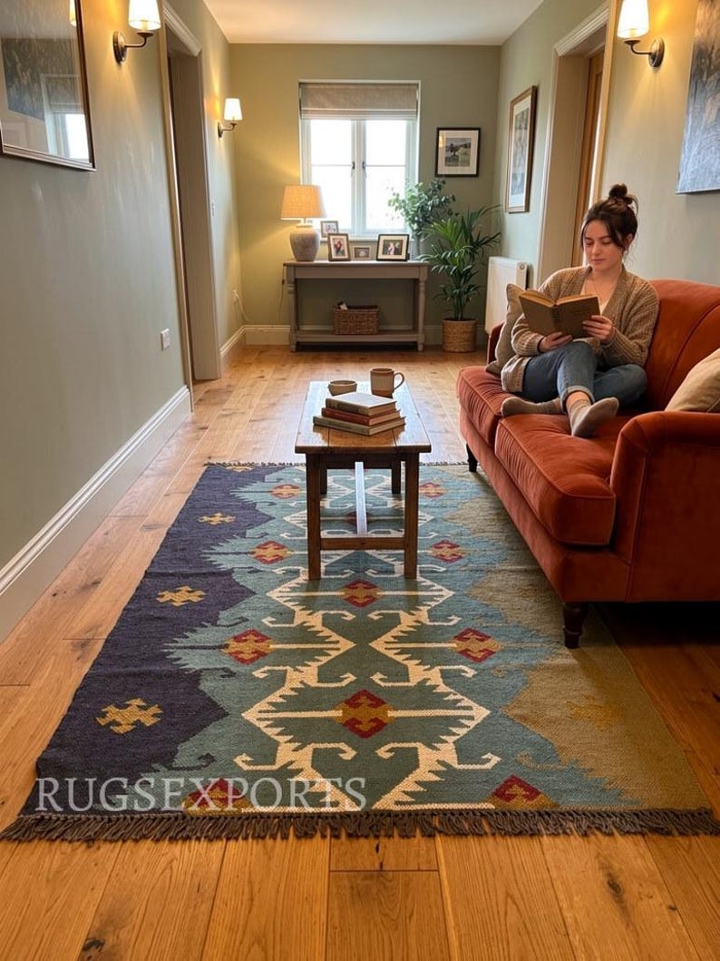 Handmade Wool Jute Kilim Rug, Aztec Navajo Design, 4x6 Ft image 5
