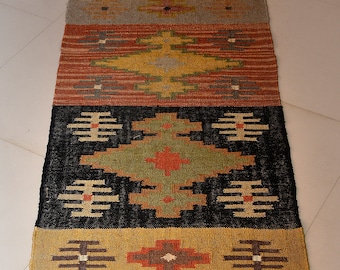 Handwoven Kilim Runner Rug, Wool Jute Blend, Geometric Dhurrie