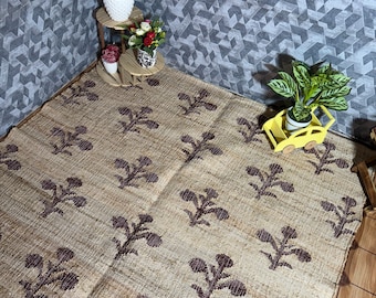Ivory Jute Rug, Hand Woven Floral Print, Bohemian Style