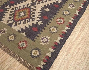 Wool and Jute Rug Handmade, Kilim Dhurrie Rug, Traditional Indian/WOOL JUTE RUGS