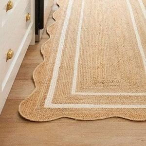 Handwoven Jute Runner Rug with Scalloped Edge, Natural Fiber Area Rug