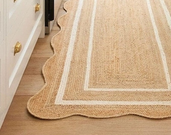 Handwoven Jute Runner Rug with Scalloped Edge, Natural Fiber Area Rug