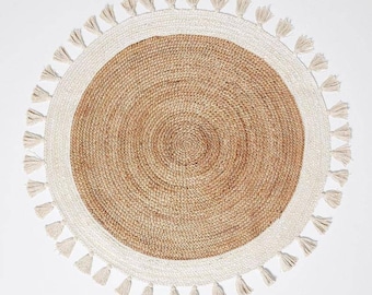 Handmade Jute Round Rug - Boho White Tassels, Natural Fiber