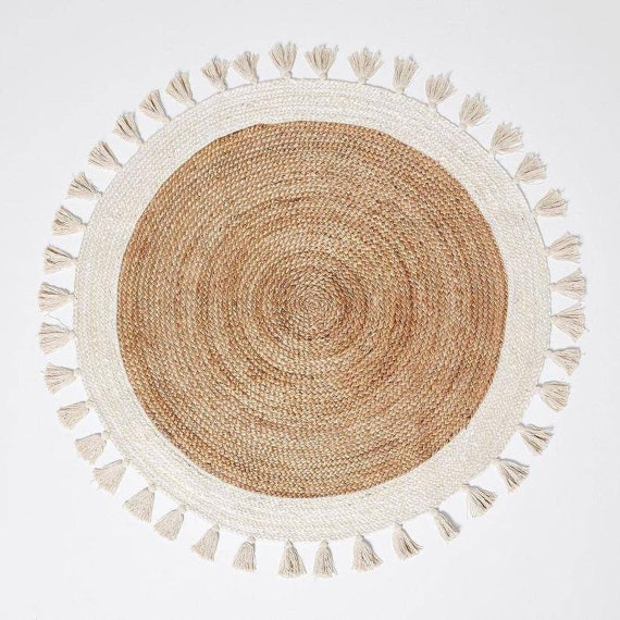 Handmade Jute Round Rug - Boho White Tassels, Natural Fiber