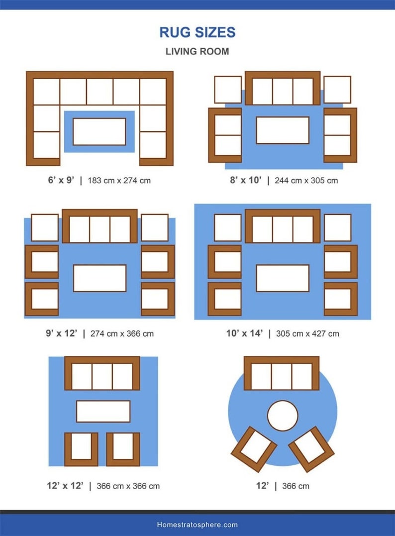 May include: A guide to rug sizes for living rooms, with illustrations showing different rug sizes and furniture placement. The rug sizes are listed in feet and inches, as well as centimeters. The illustrations show a sofa, chairs, and a coffee table.