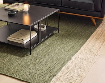 9x12 Handmade Green With Natural Hemp Jute Rungs-Extra Large Jute Rugs green Jute Rugs-Stripes jute Rug, Large Area Hemp Rug For Hallway Rug