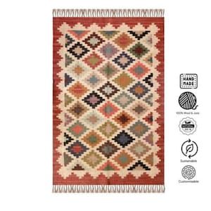 Alfombra Kilim de yute de lana tejida a mano, alfombra de yute de lana, alfombra de yute Kilim, alfombra Dhurrie india, alfombra Navajo Kilim, alfombra personalizada, alfombra de tejido plano, alfombra Boho imagen 7