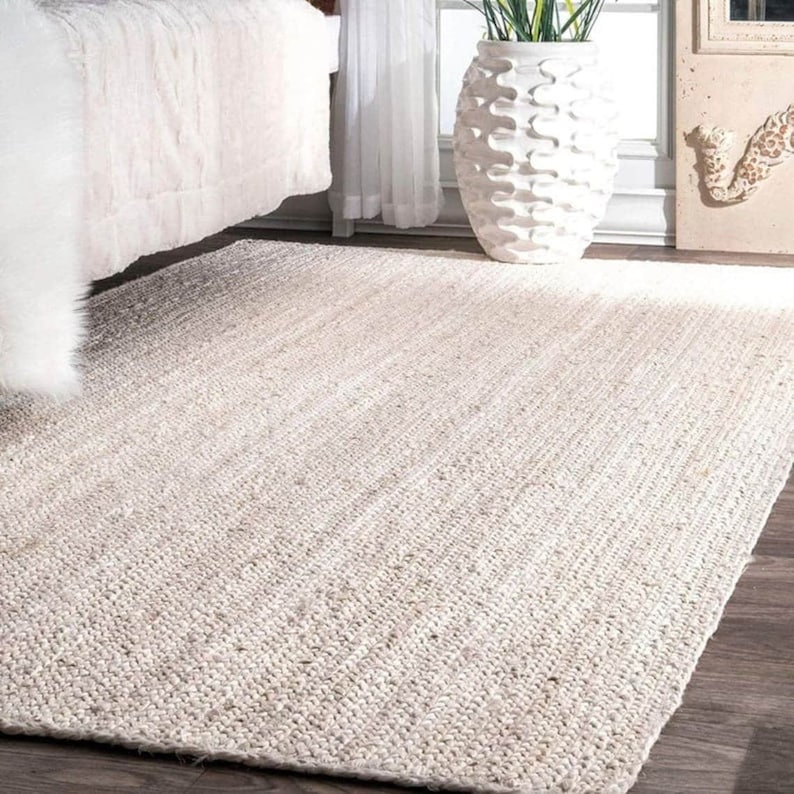 Alfombra de yute boho blanco natural, alfombra de área de yute blanco, alfombra beige marfil, alfombra de tamaño personalizado, alfombra tejida a mano india, alfombra boho, alfombra grande blanca, imagen 2