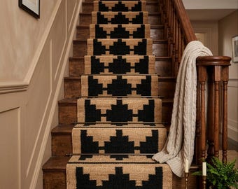 Handmade Black Jute Stair Runner, Boho Entryway Rug, Custom Size