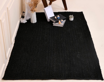 Black Jute Rug, Rectangle Braided Area Rug, Bohemian Decor