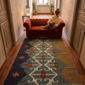 Handmade Wool Jute Kilim Rug, Aztec Navajo Design, 4x6 Ft image 11