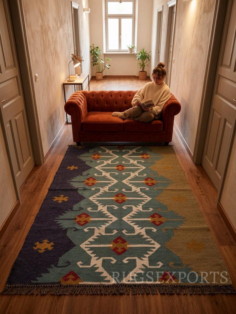 Handmade Wool Jute Kilim Rug, Aztec Navajo Design, 4x6 Ft image 11