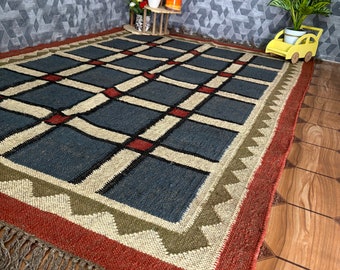 Handwoven Wool Jute Kilim Rug, Indian Dhurrie, Boho Decor
