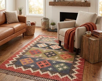 May include: A rectangular area rug featuring a geometric pattern with diamonds and zigzags in shades of red, blue, green, and orange, finished with a fringed edge. The rug displays a repeating motif across its surface with a prominent red border.