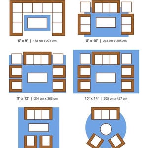 May include: A diagram showing different rug sizes for a living room, with furniture placement examples. The rug sizes are shown in both feet and centimeters. The rug sizes are 6' x 9', 8' x 10', 9' x 12', 10' x 14', 12' x 12', and 12'.