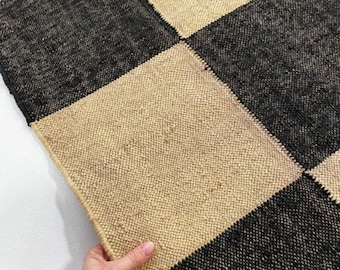 Handwoven Wool Jute Kilim Rug, Indian Dhurrie, Geometric Rug
