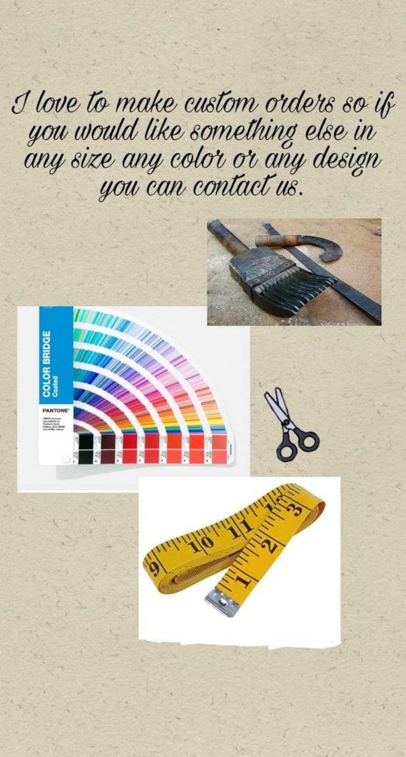 May include: Image featuring a color palette, paint brushes, scissors, and a measuring tape. The text reads, "I love to make custom orders so if you would like something else in any size any color or any design you can contact us."