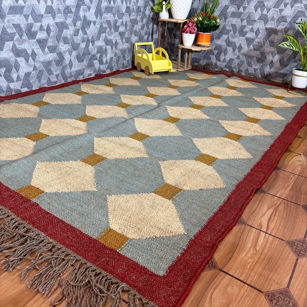 Handgewebter Kelim Teppich, Wolle, Juteteppich, Vintage Stil, Maßanfertigung