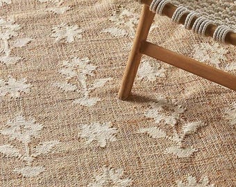 Alfombra Kilim de yute blanco y verde con flores de algodón, alfombra escandinava, alfombra decorativa bohemia tejida a mano, alfombra bohemia, alfombra india Dhurrie, alfombra personalizada