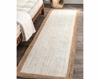 Tapis de passage blanc en jute, tapis en jute naturel, tapis en jute tissé à la main, tapis déco bohème, tapis de passage bohème en jute, tapis de couloir, tapis blanc sur mesure