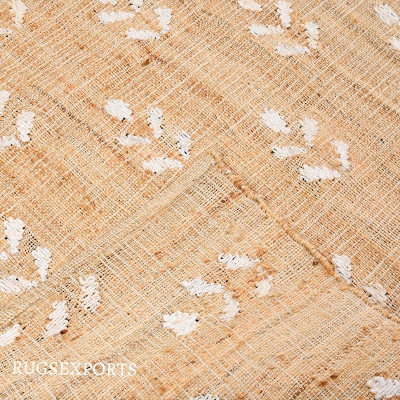 Floral Cotton Jute Rug, Handwoven Dhurrie, Earthy Beige