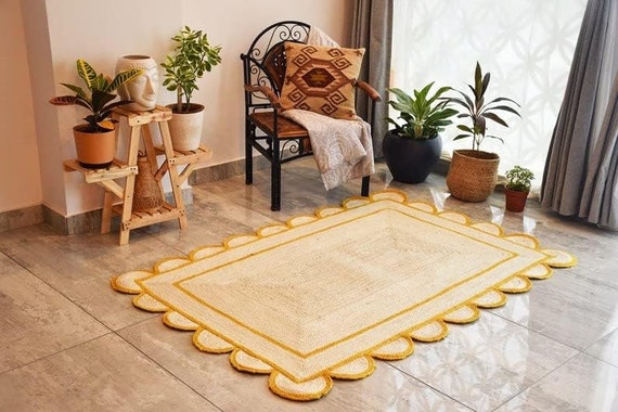 Natural Hand Braided Scalloped Jute Rug Runner Doormat Rectangle Shape Rug Home Decor Rugs Jute Area Rug Living Room Rugs Color White yellow