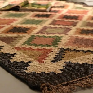 Alfombra Kilim de yute de lana tejida a mano, alfombra de yute de lana, alfombra de yute Kilim, alfombra de tejido plano, alfombra Boho, alfombra Dhurrie india, alfombra Navajo Kilim, alfombra personalizada imagen 1
