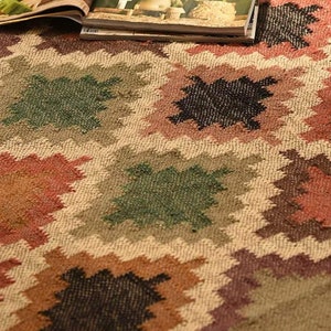 Alfombra Kilim de yute de lana tejida a mano, alfombra de yute de lana, alfombra de yute Kilim, alfombra de tejido plano, alfombra Boho, alfombra Dhurrie india, alfombra Navajo Kilim, alfombra personalizada imagen 8