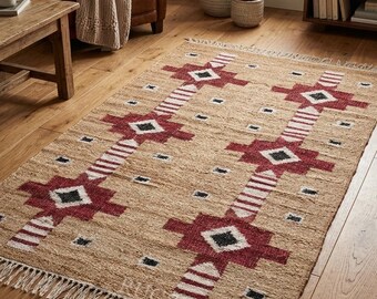 May include: A rectangular woven area rug featuring a natural tan jute base with a repeating geometric pattern in deep red, white, and black. The rug includes a fringed edge on both ends and a textured, fibrous surface throughout the design.